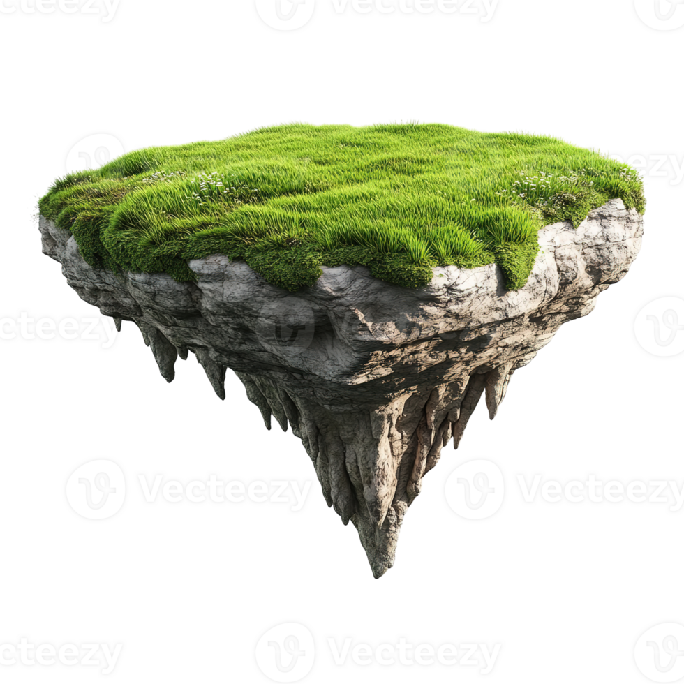 A floating island covered in lush green grass and stone png