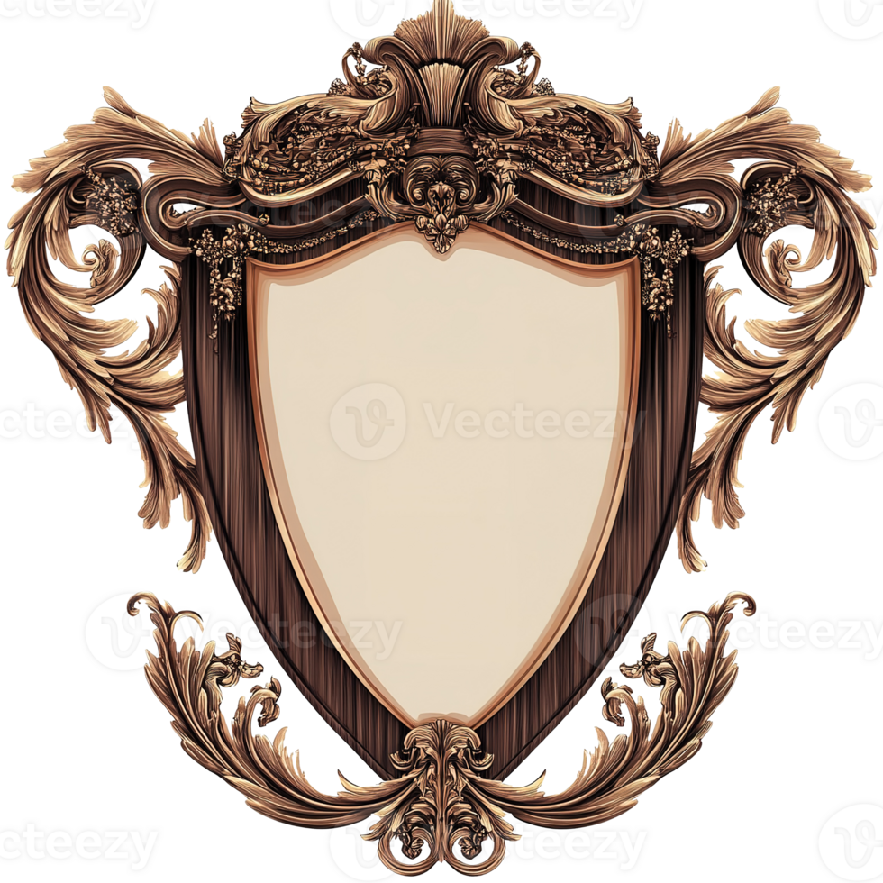 Ornate decorative shield with wooden frame and carved detailing png