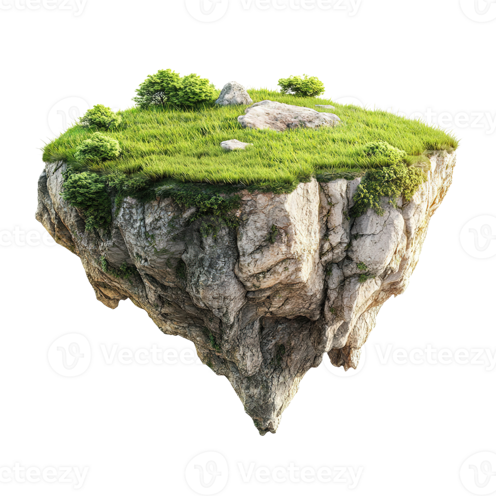 A small floating island with grass plants and rocks png