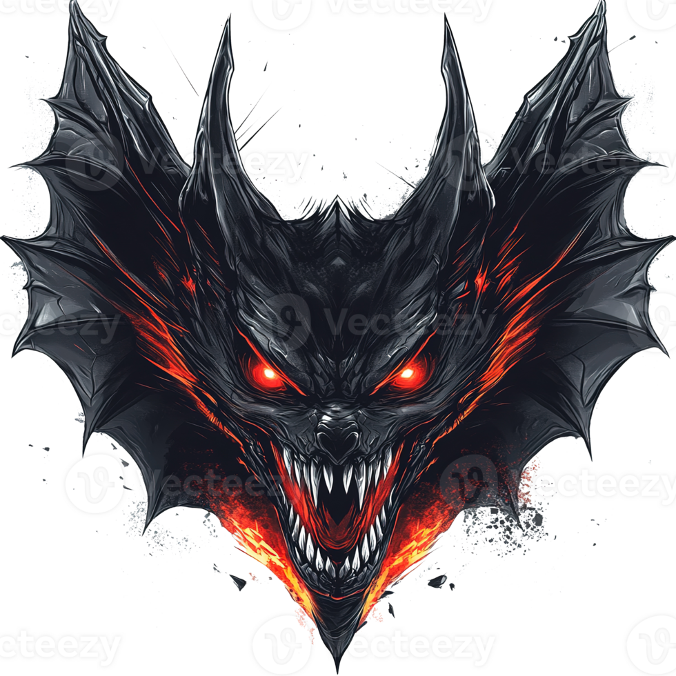 A fearsome dragon face depicted with fiery eyes and sharp teeth png