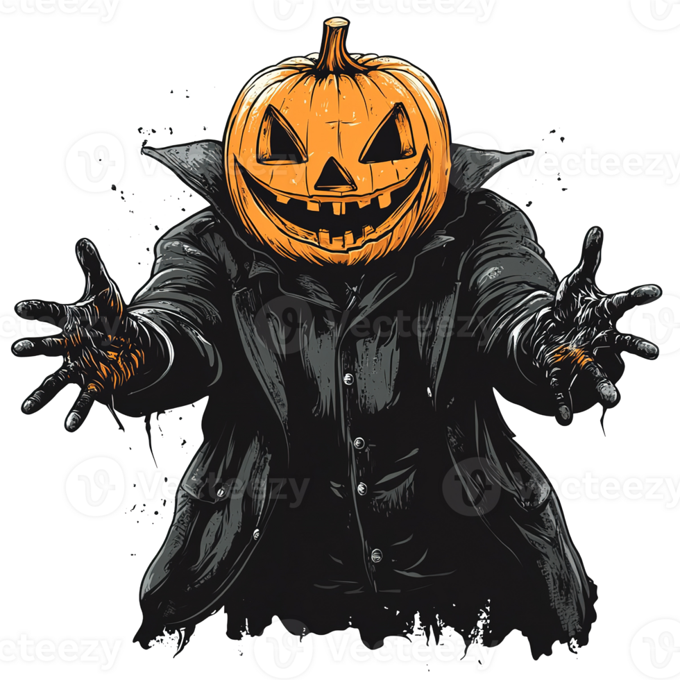 A scary character with a carved pumpkin head reaching out png