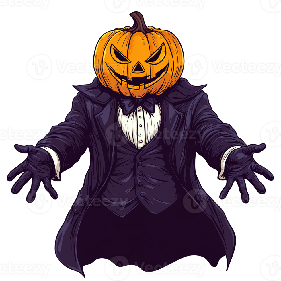 Spooky illustration features a person with a pumpkin for a head png