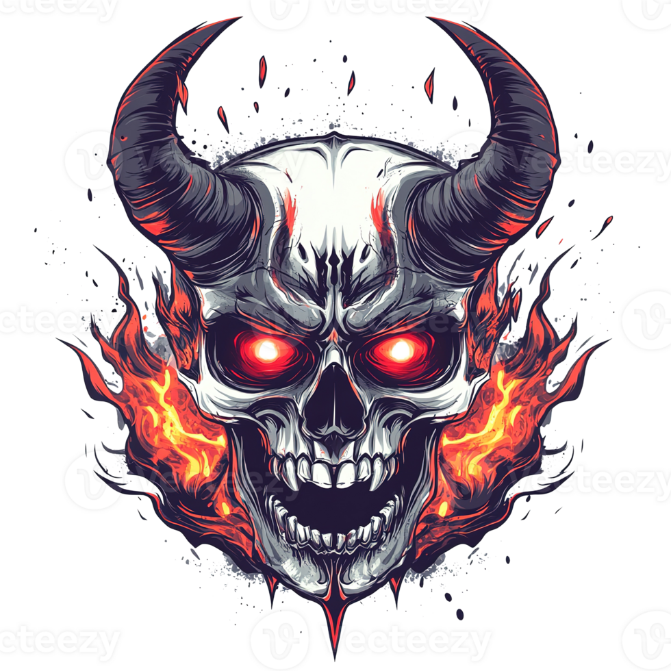 Fiery devil skull with large horns and glowing red eyes png