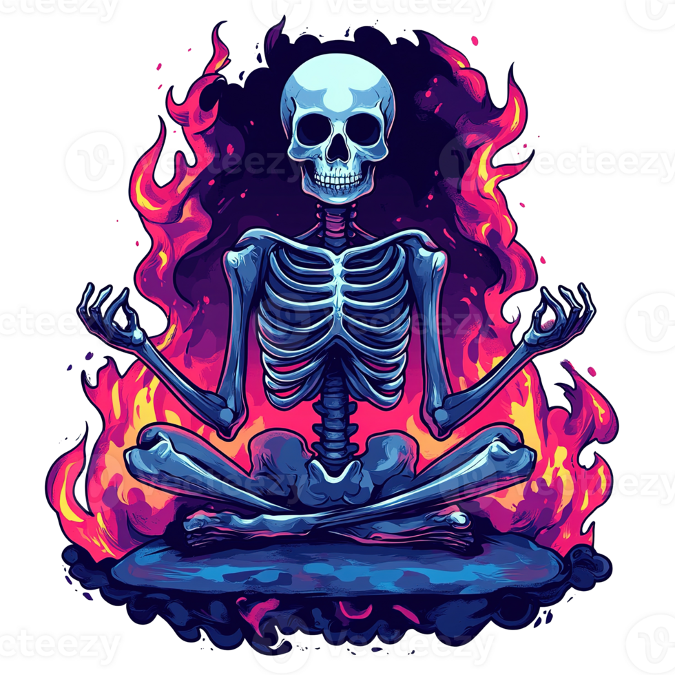 Meditating skeleton in lotus position surrounded by flames of vibrant color png