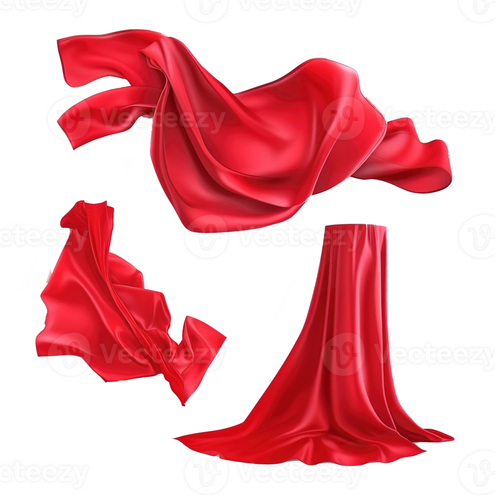 Three flowing pieces of red fabric isolated on transparent background png