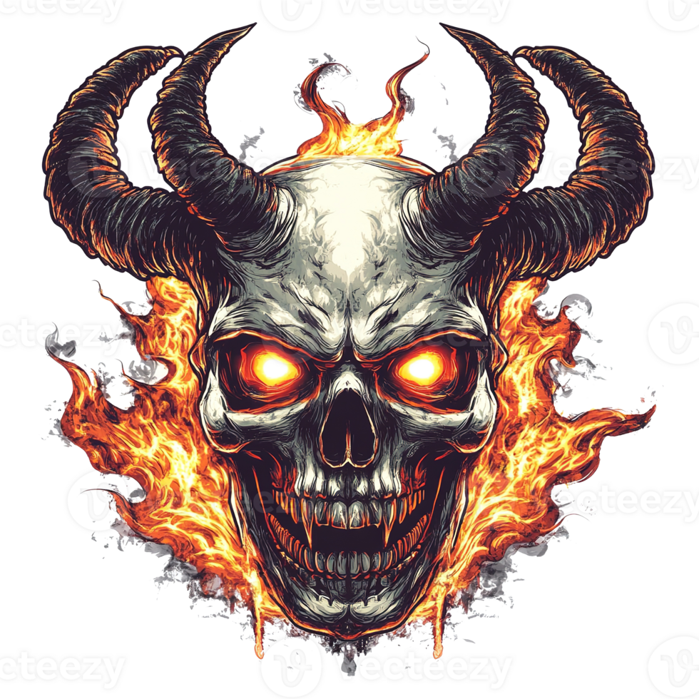 A skull with horns engulfed in flames showing evil intensity png