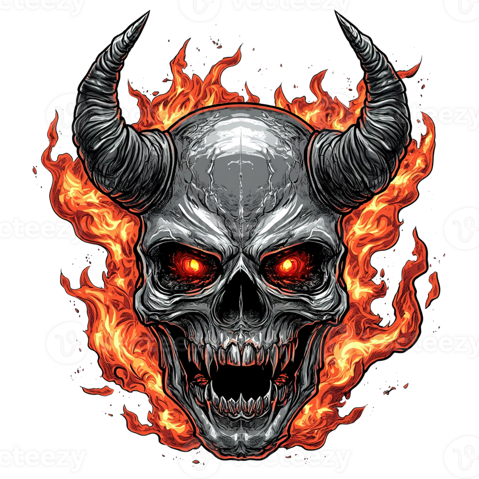 A detailed digitally created illustration of a demonic skull with horns png