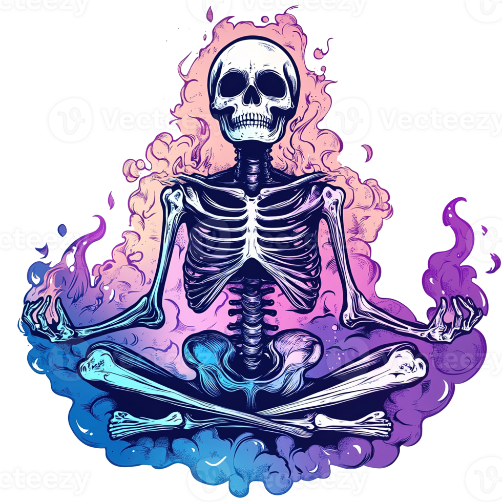 A meditating skeletal figure surrounded by colorful abstract clouds png