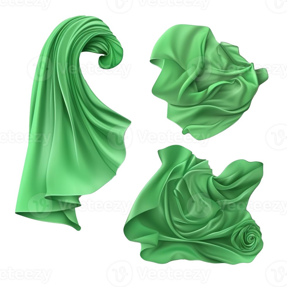 Three pieces of green flowing fabric are displayed artistically png