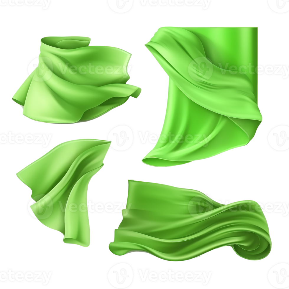 Four pieces of bright green fabric waving gracefully in the air png