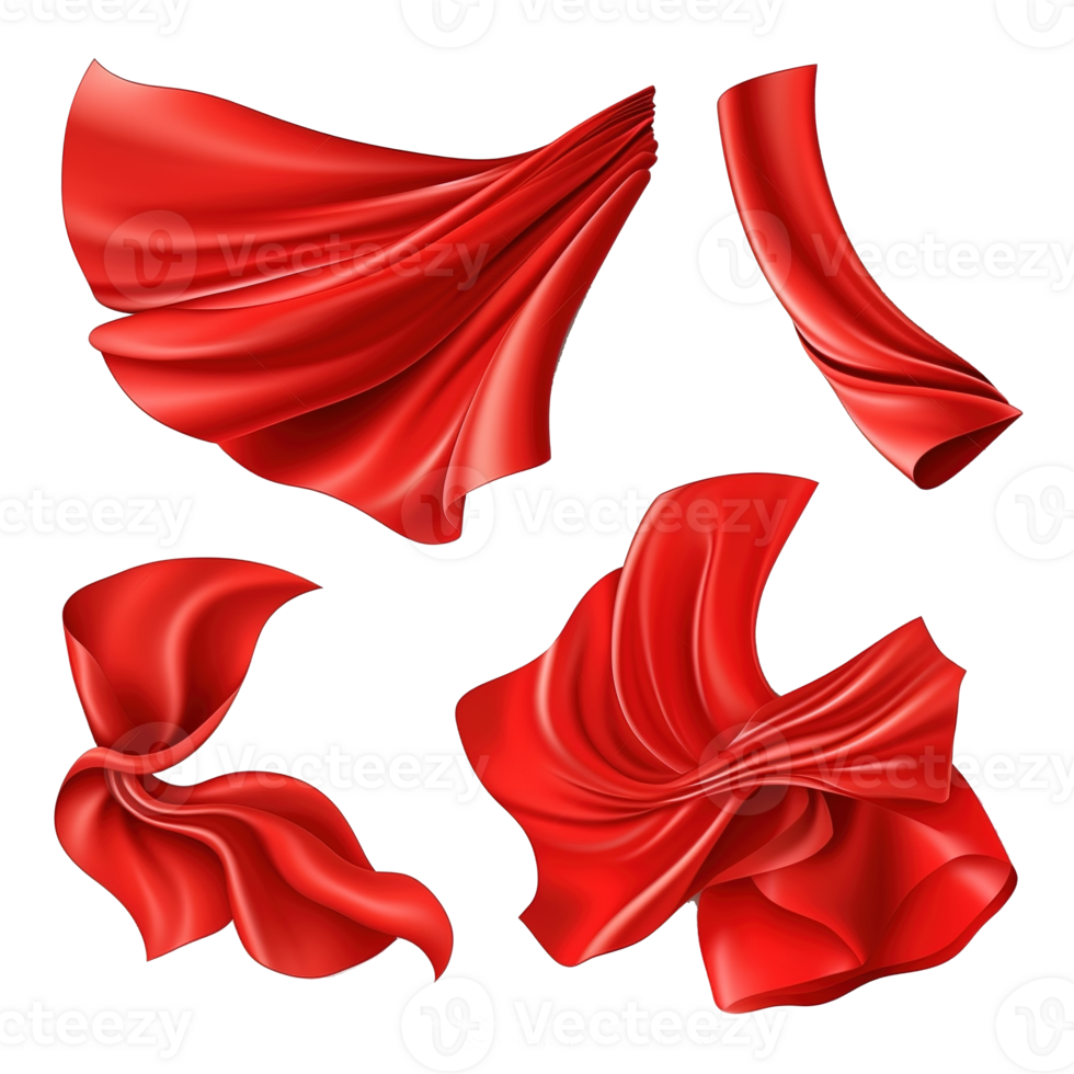 Four separate images showing red fabric flowing in the air png