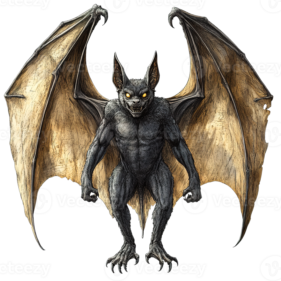 An illustration depicts a winged demonic creature with menacing yellow eyes png
