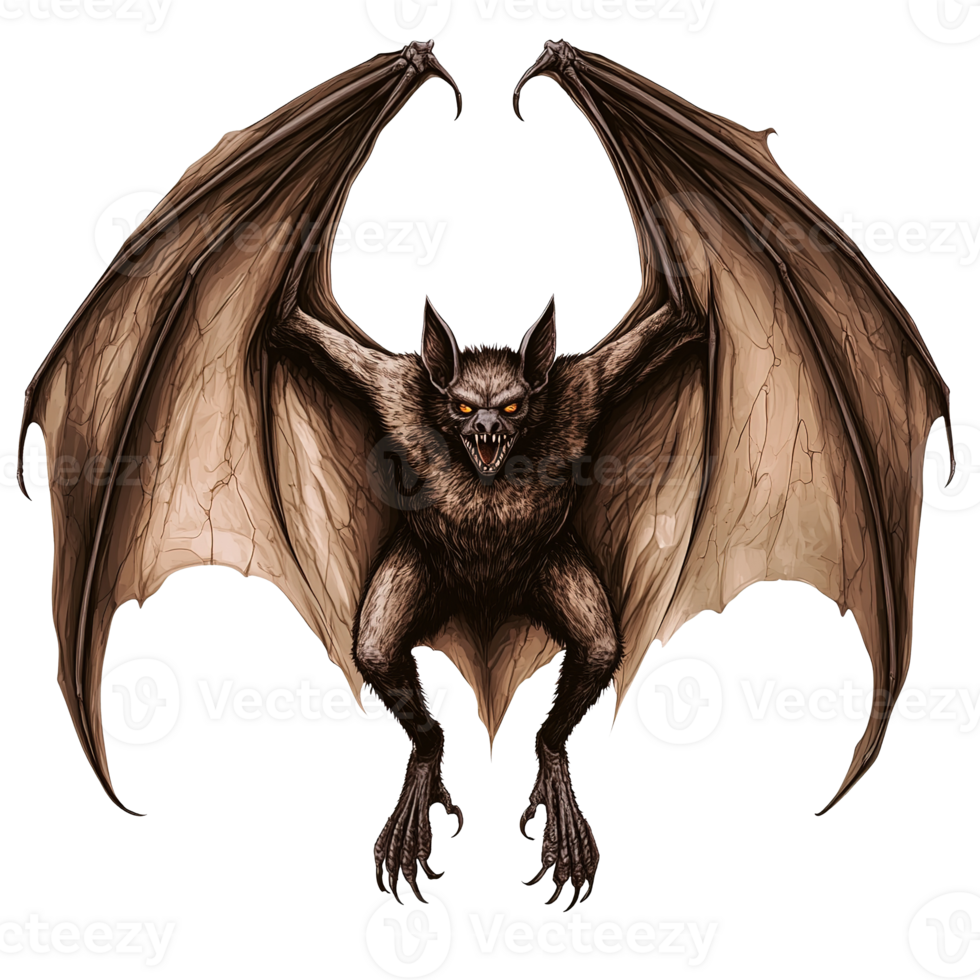 A menacing bat creature with large wings and sharp fangs png