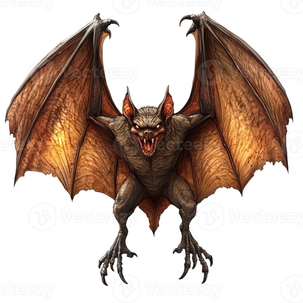 A menacing bat creature with outstretched wings and red eyes png