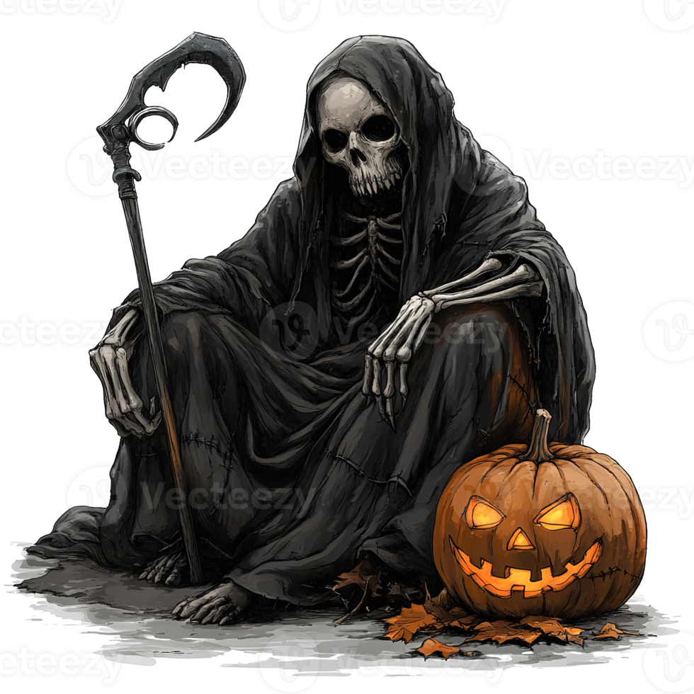 A dark robed skeletal figure sits near a carved pumpkin png
