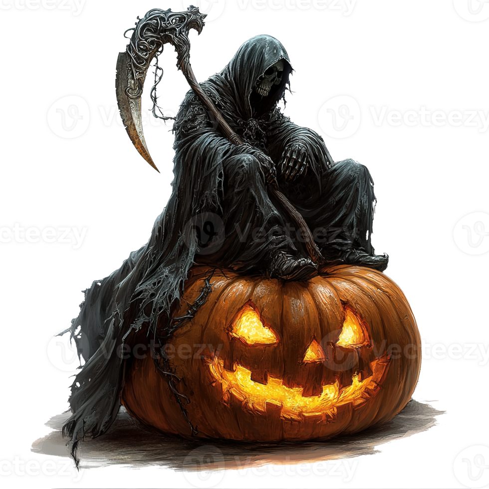 A hooded skeleton with a scythe rests on a jack o lantern png