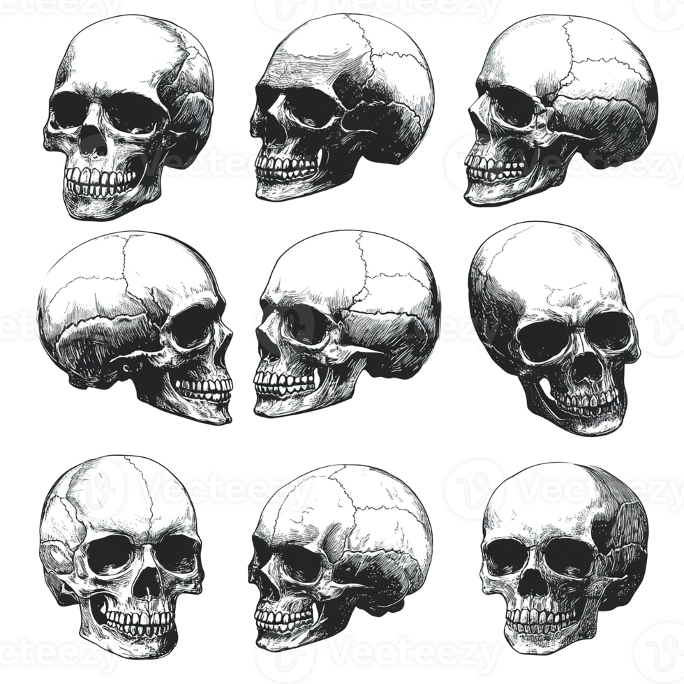 A collection of realistic drawings of human skulls in various orientations png