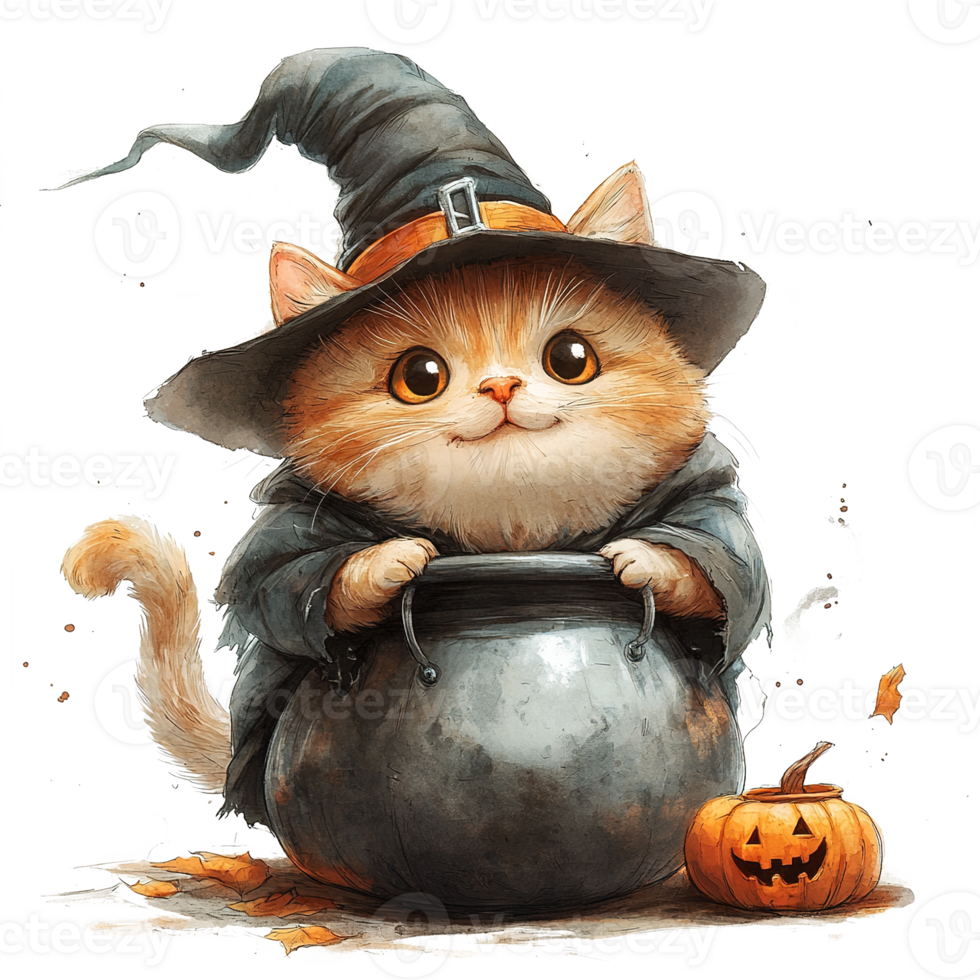 A cute ginger cat dressed as a witch with a cauldron png