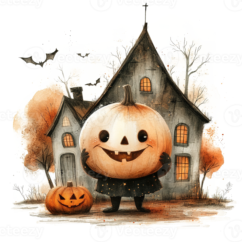 A Friendly Pumpkin Man Standing Near a Spooky House png