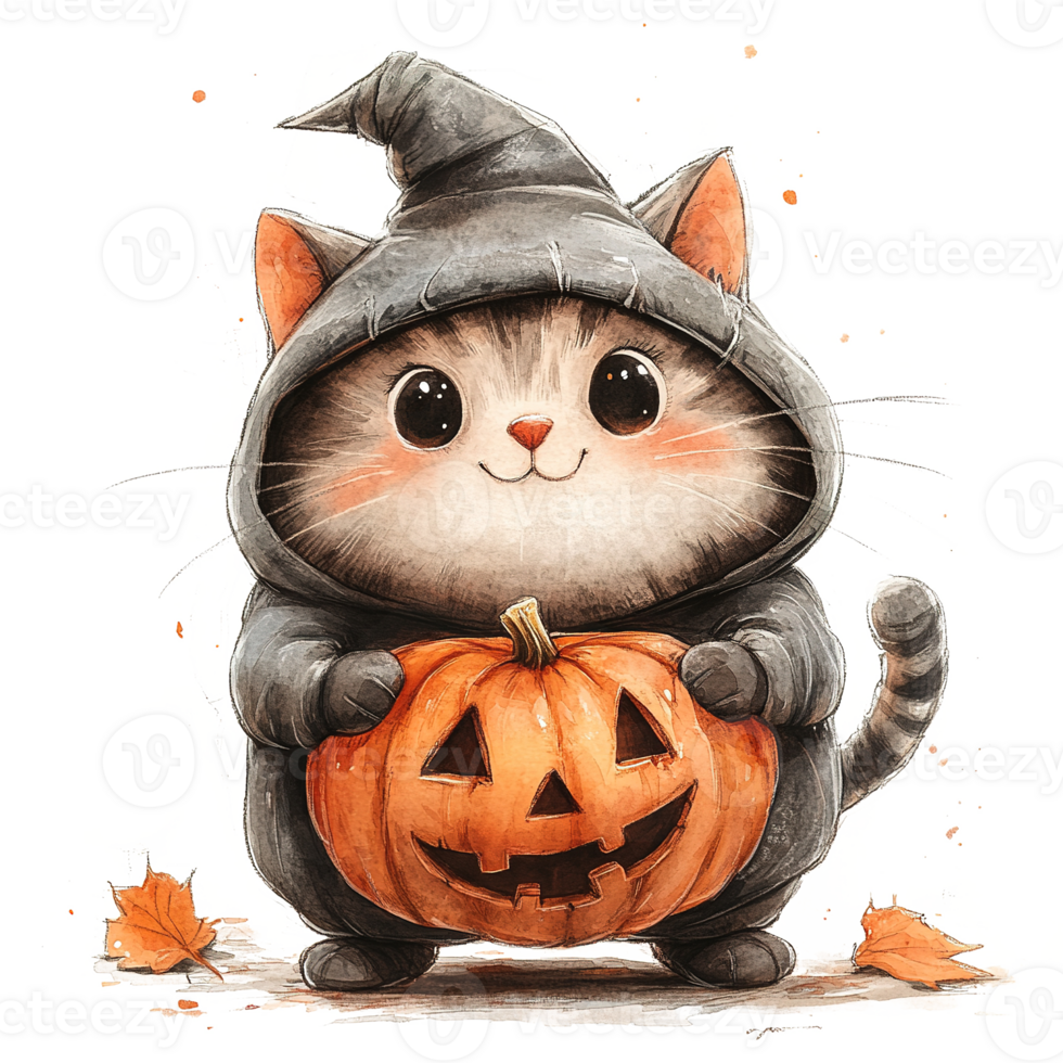A cute cat wearing a witch costume holding a pumpkin png