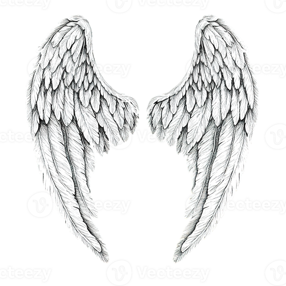 Intricately Drawn Angelic Wings Depicted in Grayscale on Black Background png
