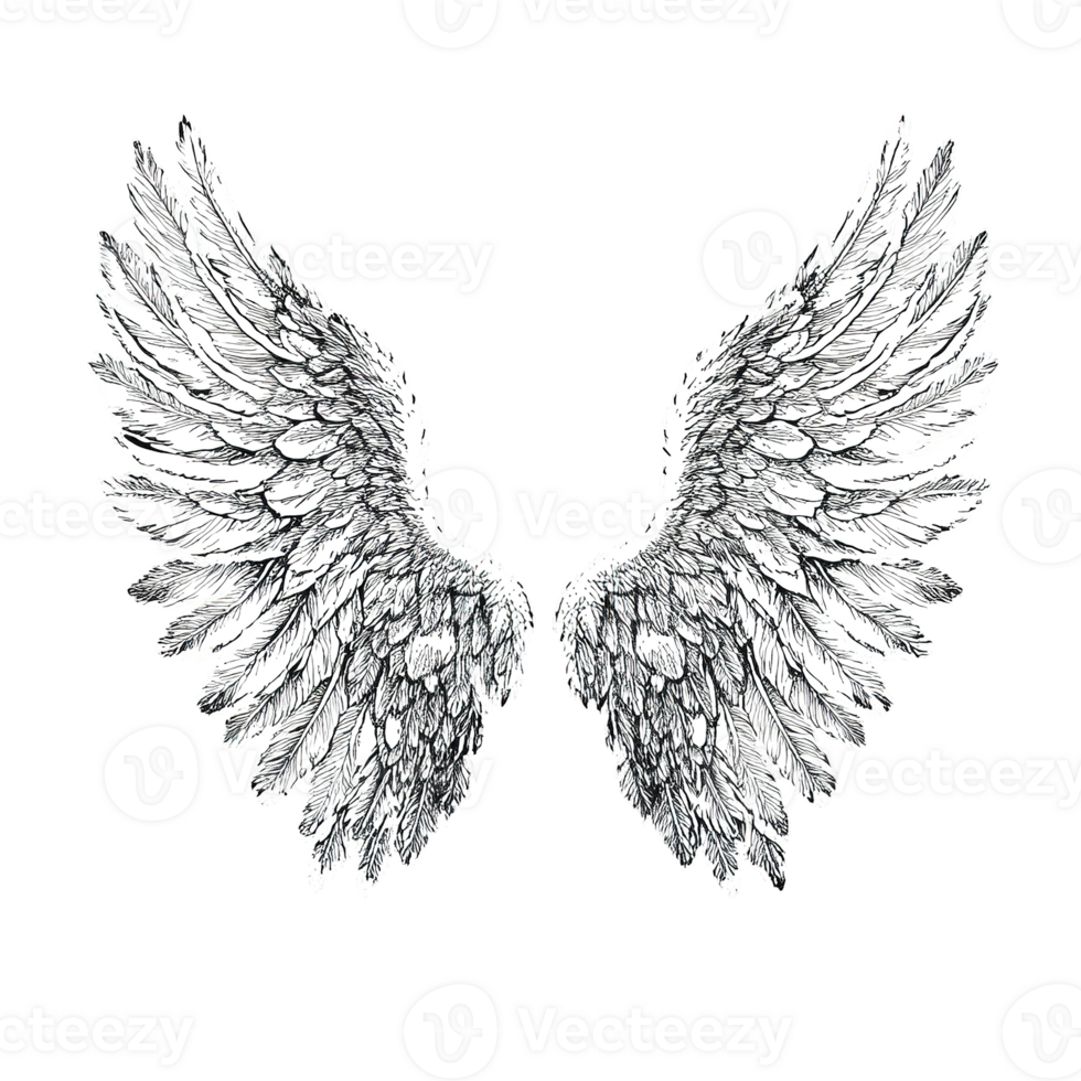 A detailed sketch of two symmetrical feathery wings on a dark background png