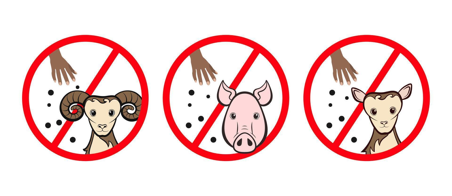 Prohibition sign with ram, pig and goat, hand dropping food, do not feed farm animals, warning in zoo, farm or other public places with animals vector