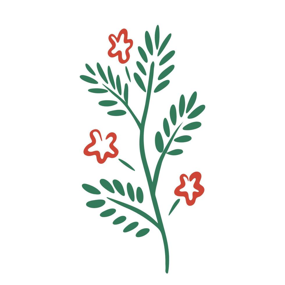 Minimalist Botanical Illustration - Hand-Drawn Floral Branch with Green Leaves and Red Flowers vector