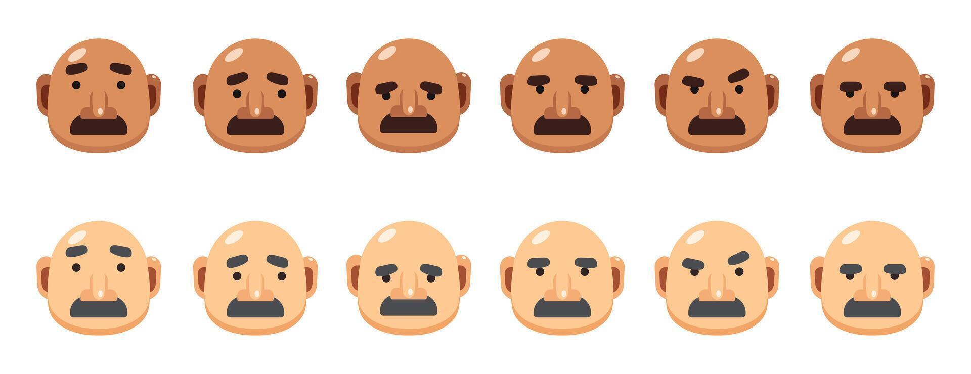 Set of illustration of bald black and white skin man head with different emotions, hairless male funny avatar icon, flat style cartoon character, serious emojis sad, upset, angry, surprised vector