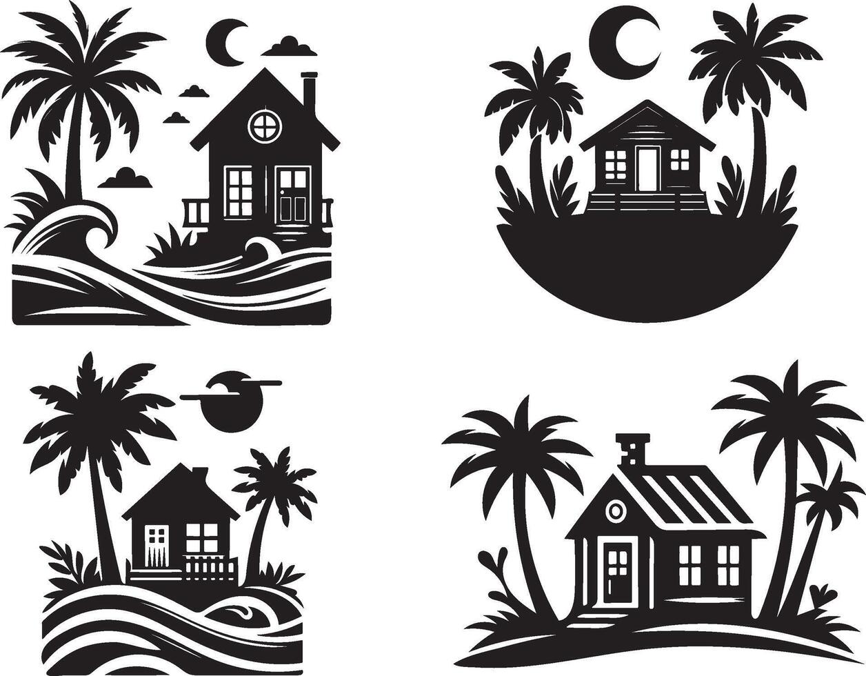 Set Of Tropical Beach House with Palm Trees And Waves, Stunning Coastal Illustration Design vector