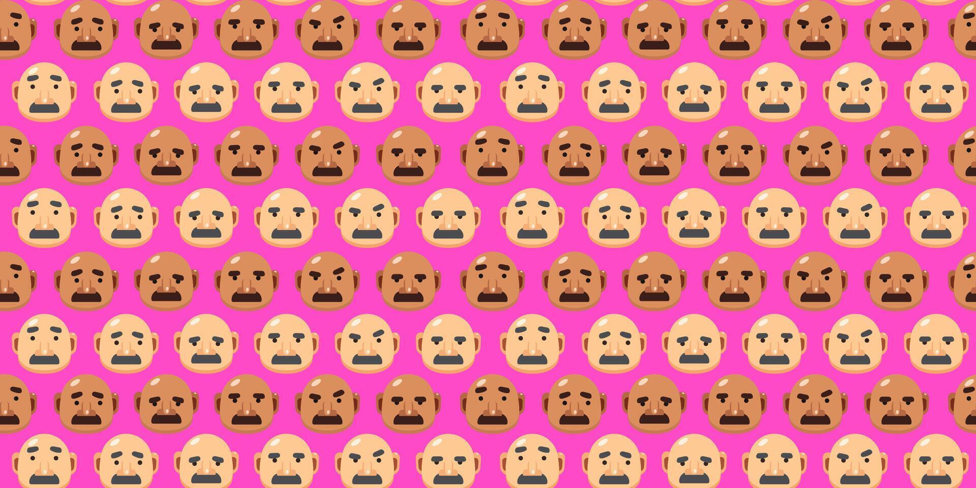 Funny hippy seamless pattern with round faces black and white hairless male head on pink background, bald man with different emojis, trendy cartoon for print, fabric, barbershop, cosmetic, clothes vector