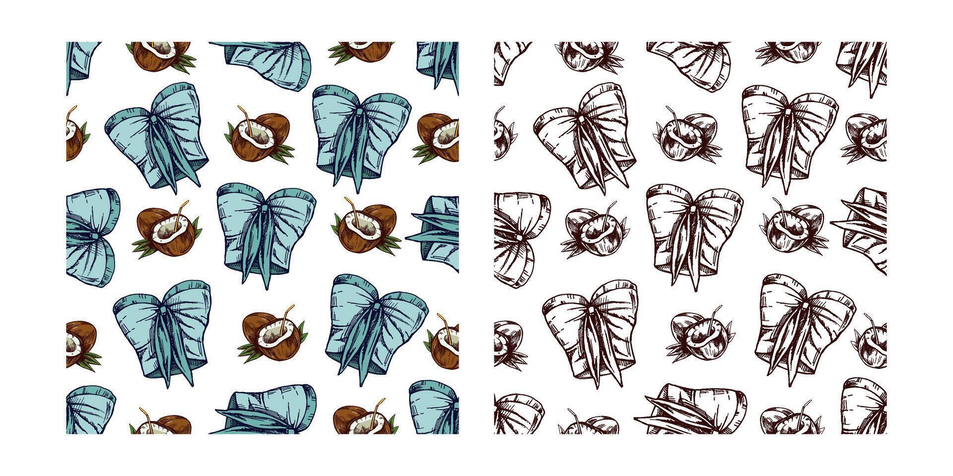 hand drawn colored and monochrome seamless pattern with bikini top and coconut on white background vector