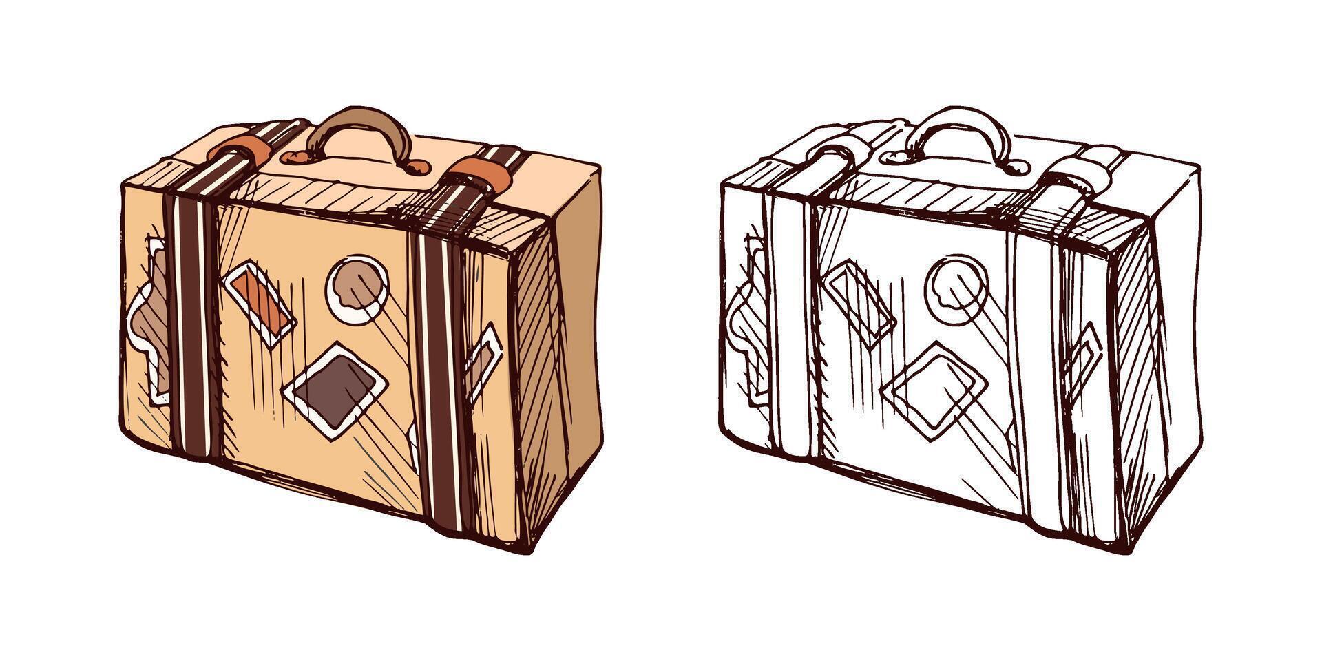 Hand-drawn sketch set of vintage suitcases with travel stickers, colored and monochrome illustrations vector