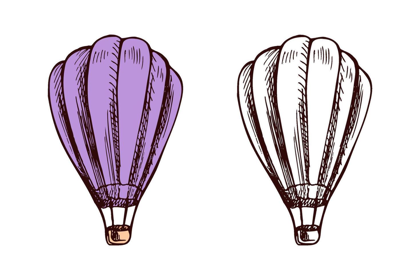 Set of sketch-style hot air balloons, colored and monochrome vintage illustrations vector