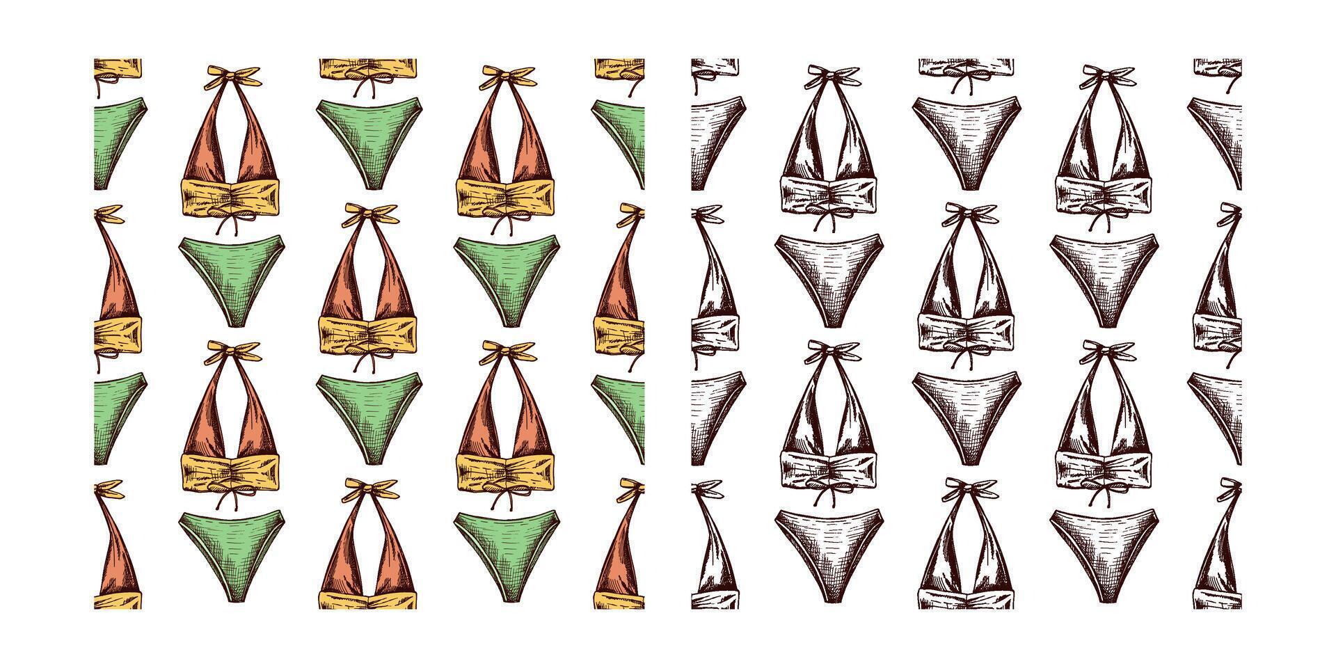 hand drawn colored and monochrome seamless pattern with bikini top and bottoms in vintage style vector