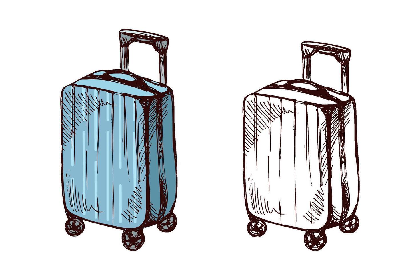 Hand-drawn sketch set of rolling suitcases, colored and monochrome vintage illustrations vector