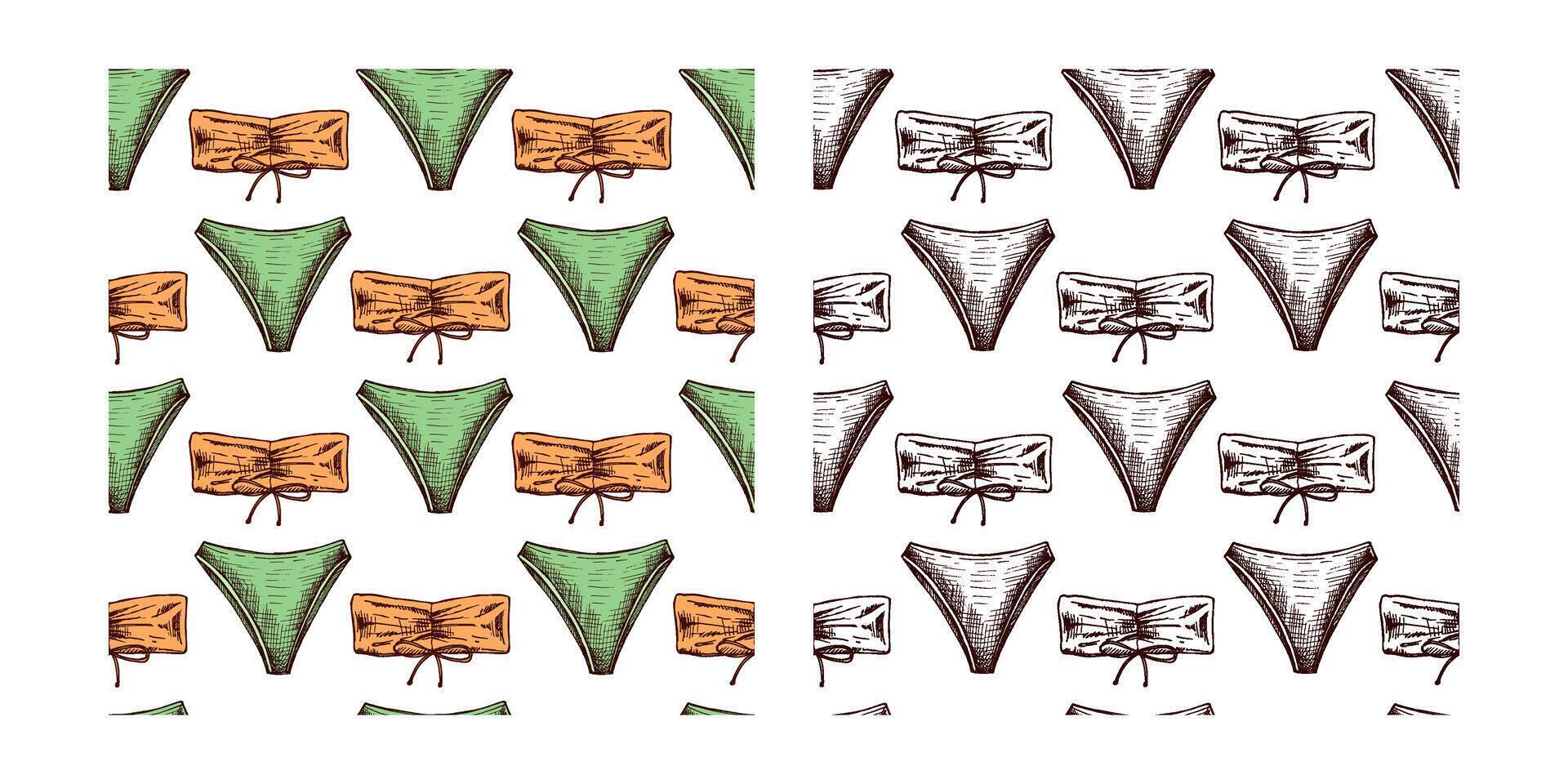 hand drawn colored and monochrome seamless pattern with bandeau bikini in vintage style vector