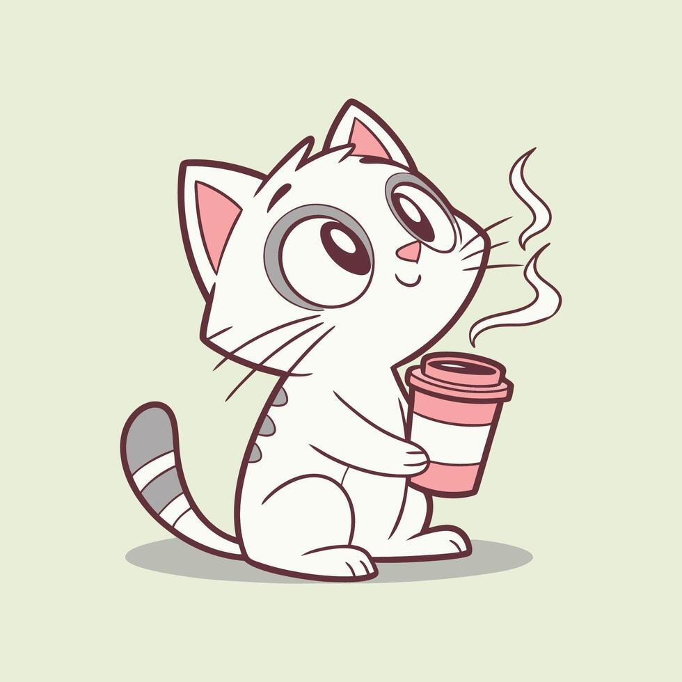 Cute Cartoon Cat Enjoying a Warm Coffee , Adorable Kawaii Illustration vector