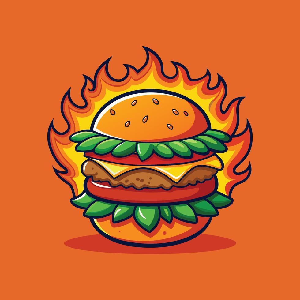 Fiery Burger Illustration Spicy Cartoon Fast Food Design vector