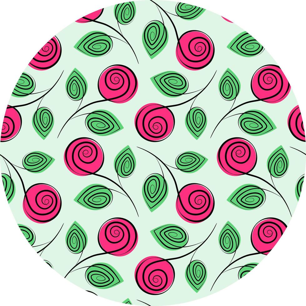Stylized Rose Pink Bud Green leaves Circular Background Texture in trendy tint Spring wallpaper fond. Isolated illustration Thematic cards Wrapping Wallpaper or web promo, greeting card, posts vector
