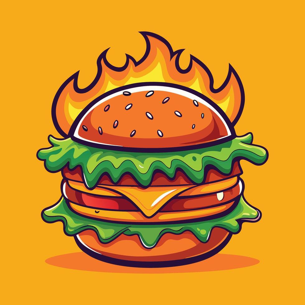 Spicy Burger with Flames. Delicious Cartoon Style Food Icon vector