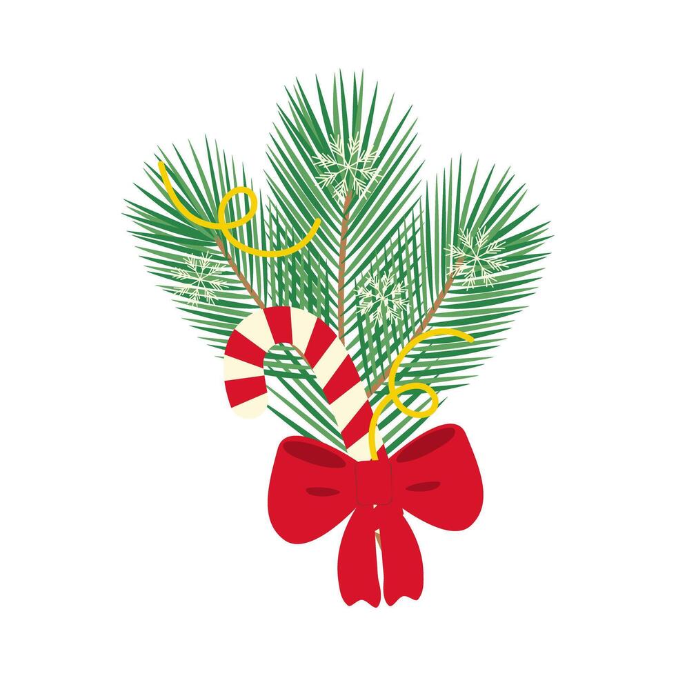 Pine twigs Striped Candy Cane Snowflakes Serpentine decor Red bow Tied Christmas Composition concept. Isolated illustration New Year Greeting Thematic cards, poster or web promo banner, leaflet vector