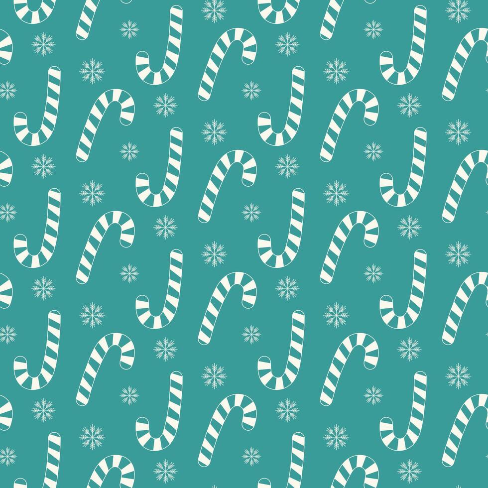 Striped Candy Cane Snowflakes Seamless pattern White on trendy Teal. Christmas Greeting Background. Isolated illustration New Year Thematic card Wrapping Wallpaper textile, poster or web promo vector