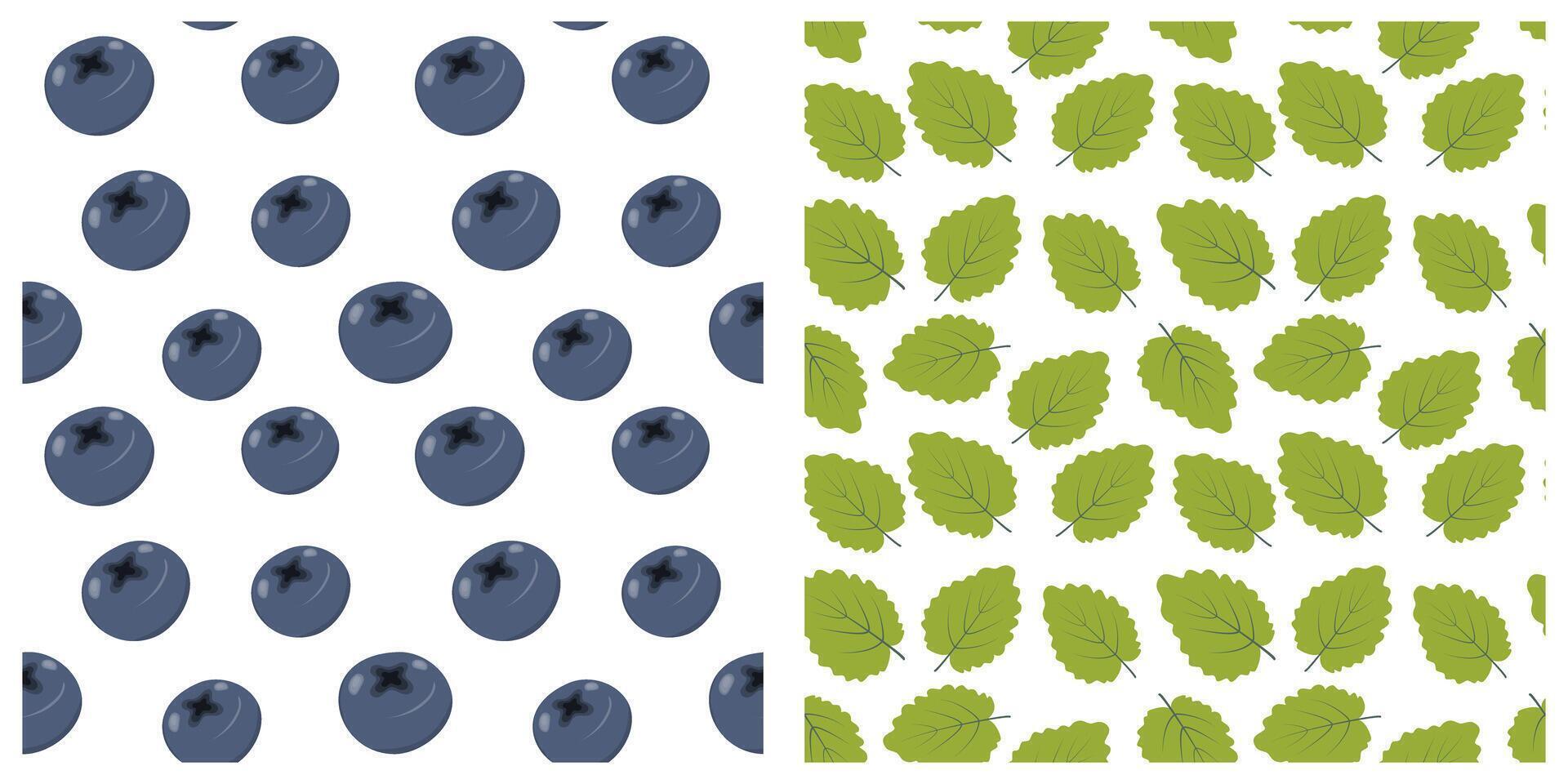 Mints Green leaves Blueberry Seamless Pattern Berry Thematic Cards Abstract Background Texture Set 2. Isolated illustration Wrapping Wallpaper Cards, posters, leaflets or web promo banner, tags vector