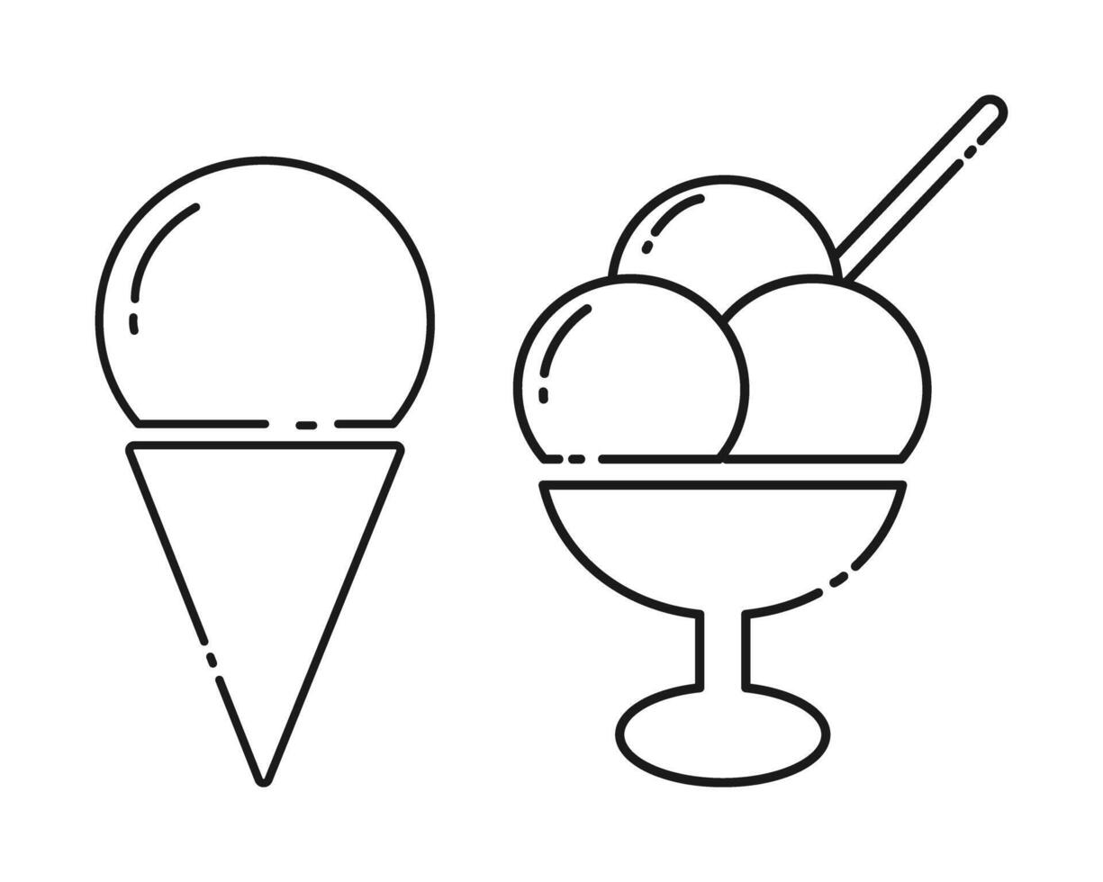 Ice cream scoop cone and 3 ice cream ball bowl with spoon Linear Icon Sticker Logo design idea Set 2. Isolated illustration Thematic cards, poster, price tag, label or web promo banner, leaflet vector
