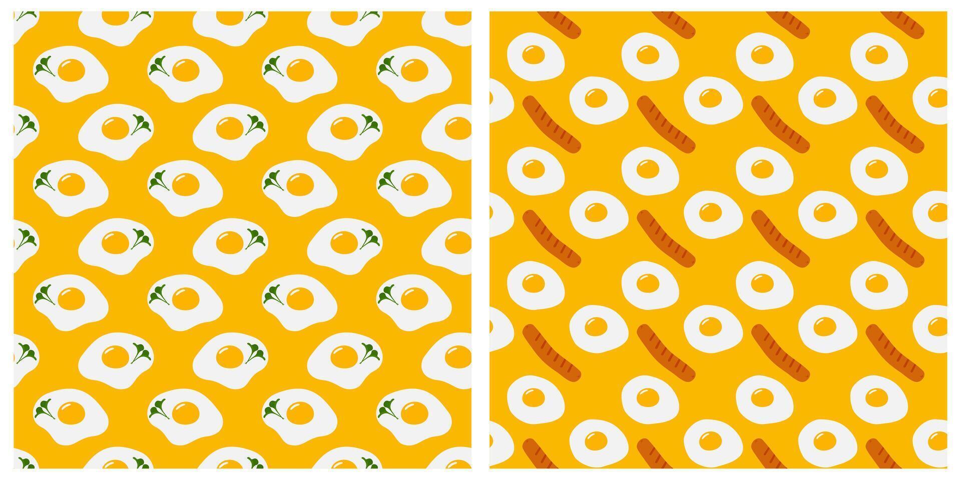 Fried eggs Microgreen Grill Sausages Seamless pattern on trendy yellow World Egg Day Background idea. Isolated illustration Wallpaper Culinary Food poster Thematic Menu cards, web promo leaflet vector