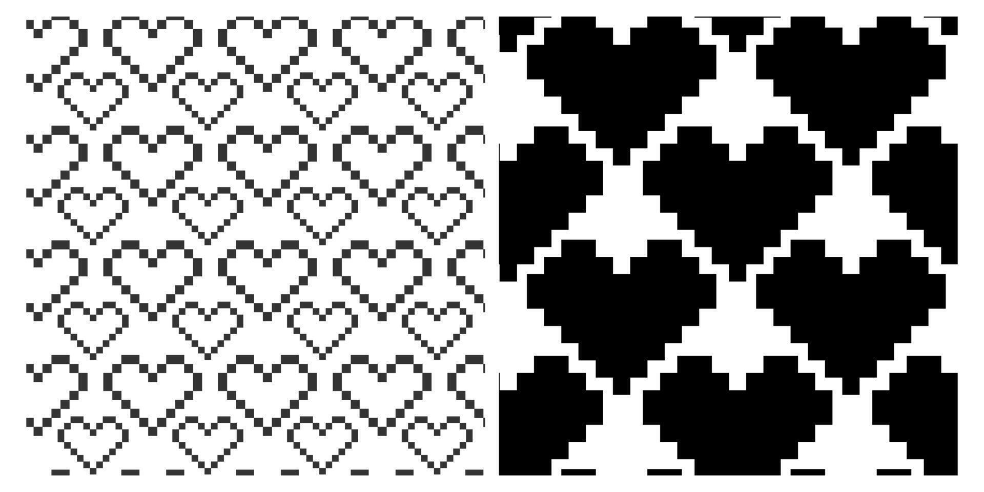 Pixel Art Outline and filled hearts Seamless Patterns Black Day greeting Background concept Set 2. Isolated illustration Thematic cards Wallpaper or web promo banner, leaflets, price tag, label vector