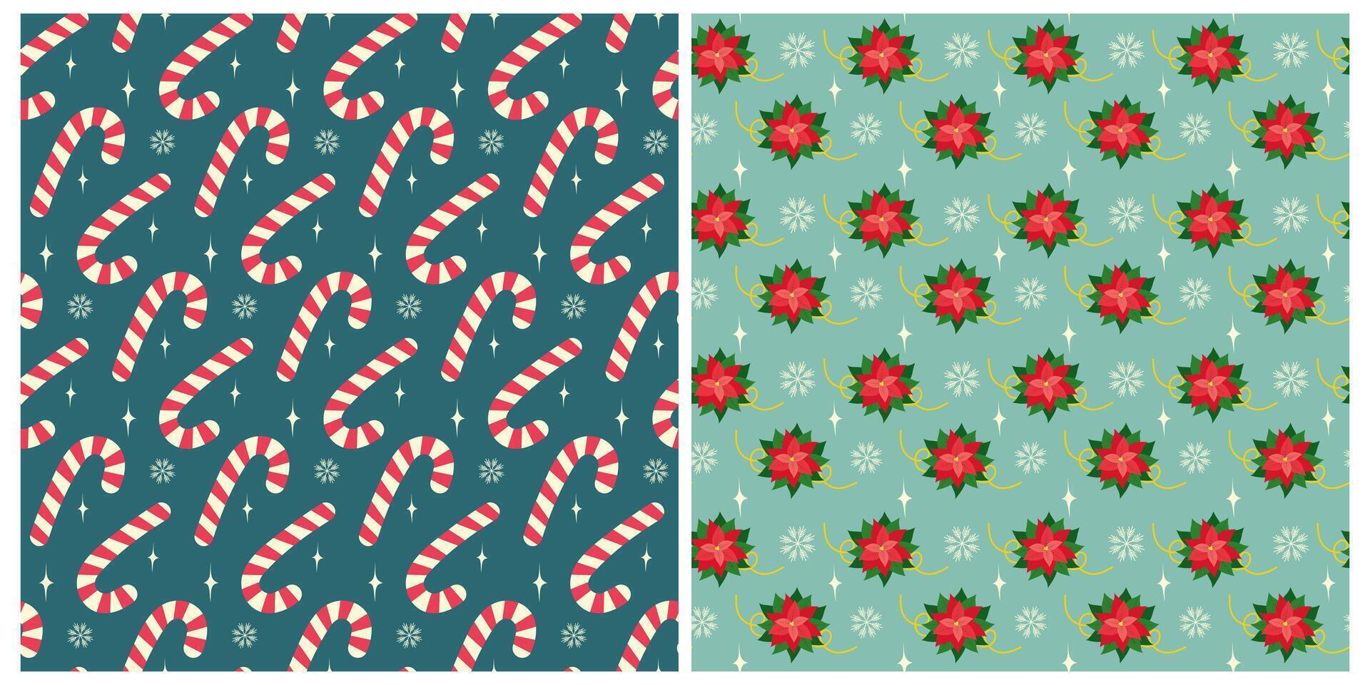 Candy Canes Snowflakes Decorative Stars Poinsettia Seamless Pattern Christmas Backgrounds idea Set 2. Isolated illustration Wrapping Wallpaper Thematic Card, poster or web promo banner, leaflet vector