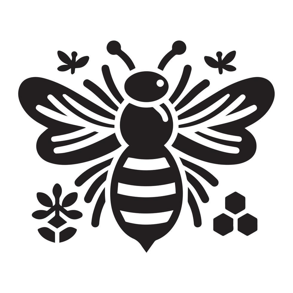 A simple, stylized graphic of a bee, presented in solid black silhouette. vector