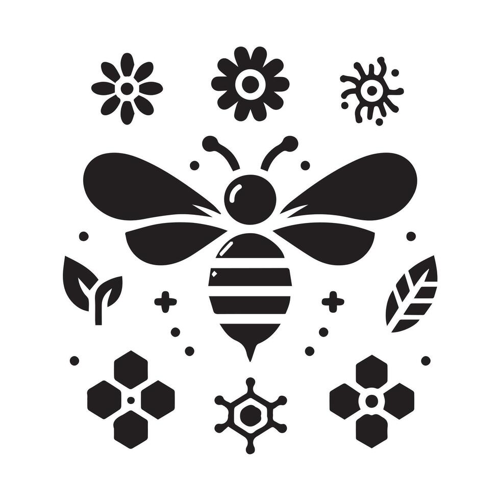 A black and white, solid graphic design of a bee, showcasing a geometric, stylized interpretation of bee body and wings. vector